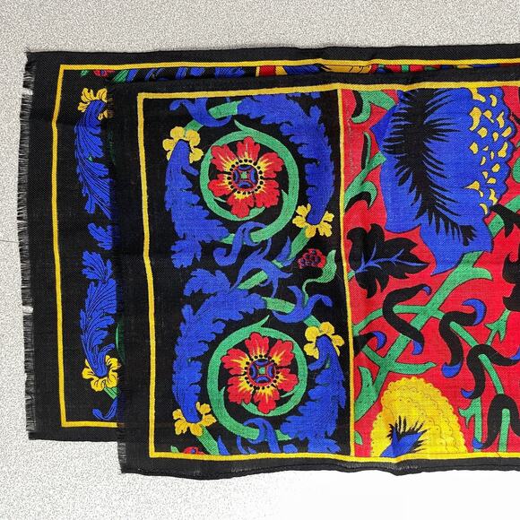Vtg 80s Ginnie Johansen Floral Scarf Red Blue Tulip Rectangle Colorful Woven * - Picture 6 of 10